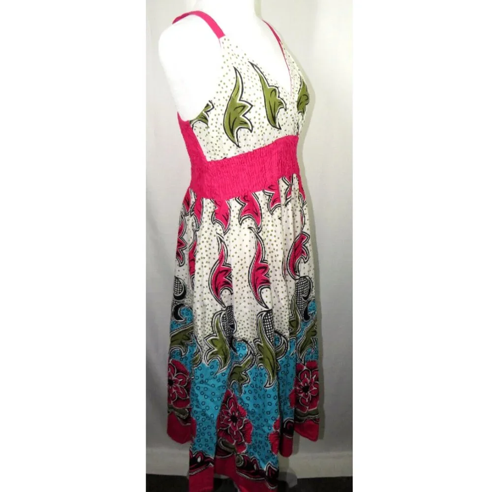 Indian Tropical Fashion Women's Size M/L Multi Color Floral V Neck Smocked Dress